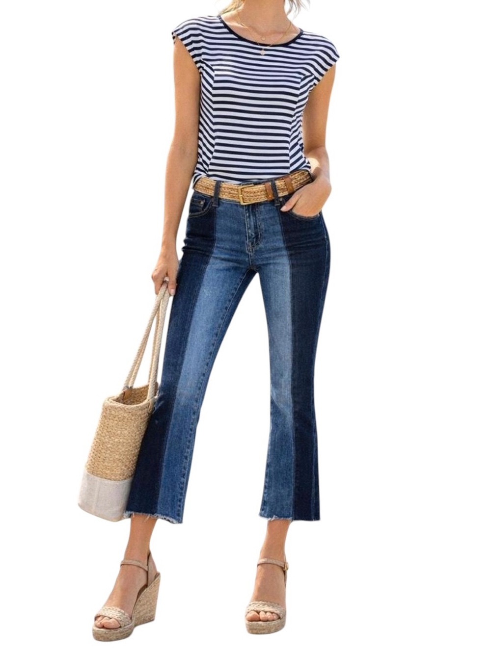 CABI Hi Low Crop Jeans Blue Ribbon Wash Sz‎ 2 High Rise Kick Flare Raw Hem